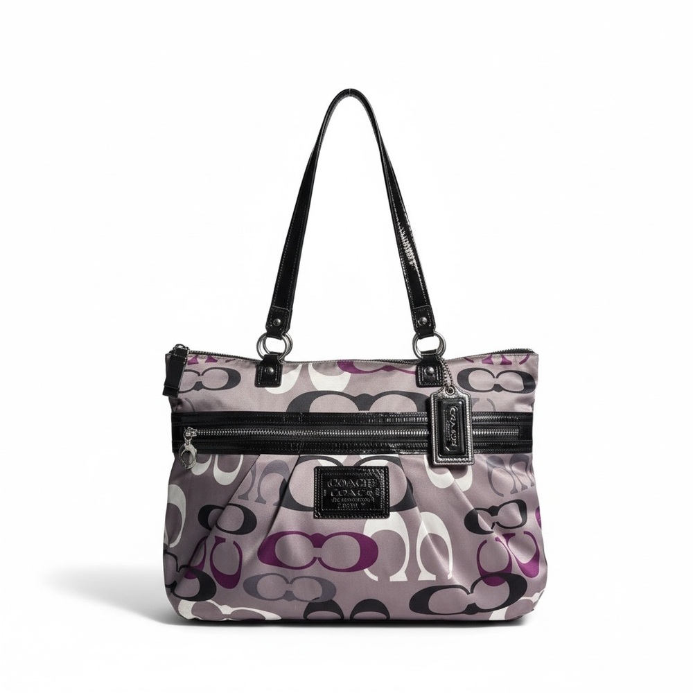 💖 Coach Op Art Satin Tote | Plum Black Ivory | EUC